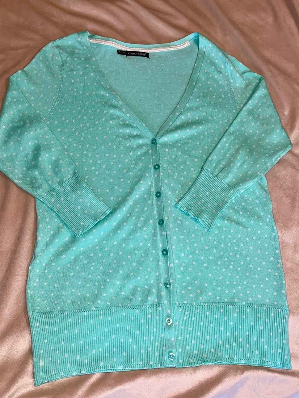 Maurices Mint Green Polka Dot V-Neck Cardigan 3/4 Sleeve